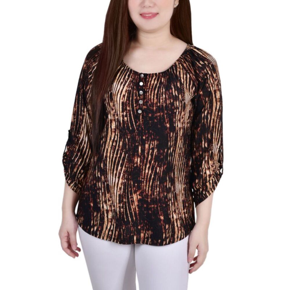 NY Collection Petite 3/4 Push Tab Round Neck Henley Top